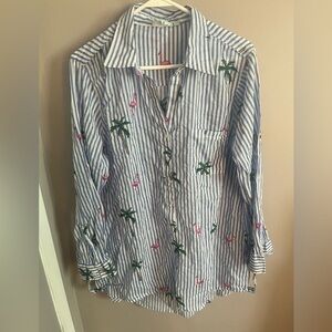 True Destinations tunic beach shirt half buttons flamingos and palm trees